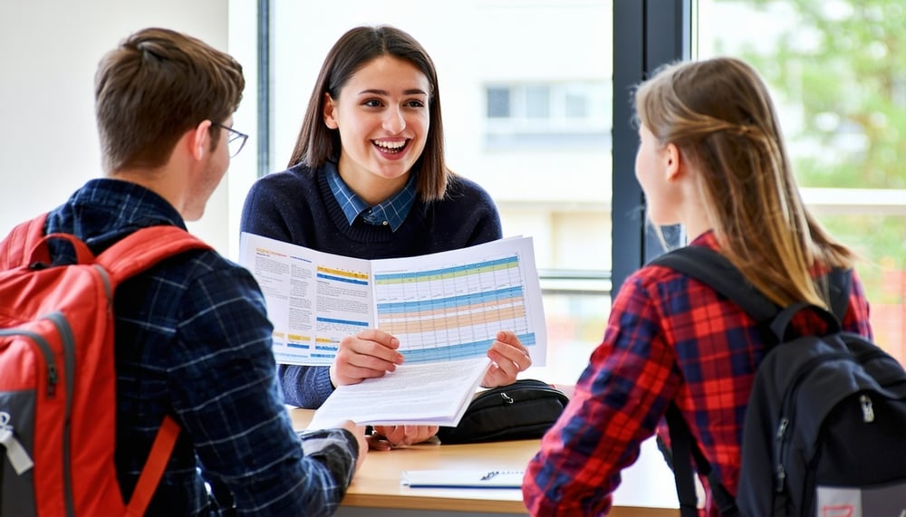 Students discussing university options with an educational advisor